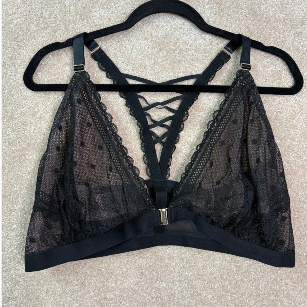 CACIQUE Bralette Womens 44DDD Black Polka Dot Lace Strappy Back Front Close Bra